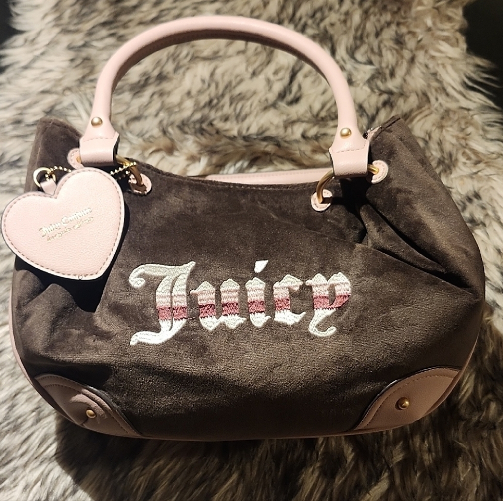 Juicy Couture Brown and Pink Shoulder Bag with Heart Charm